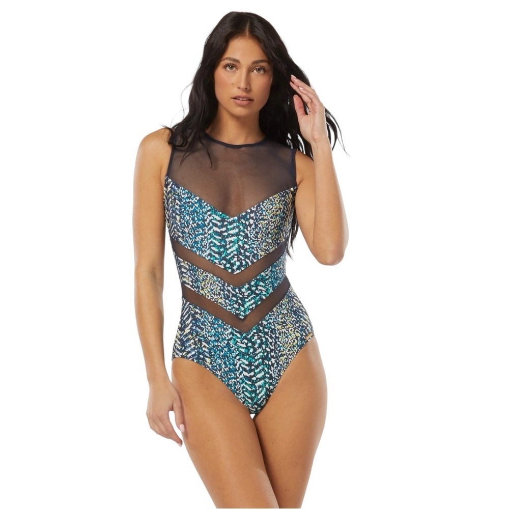 Vince Camuto High Neck One Piece Swimsuit - Animal Abstract Print